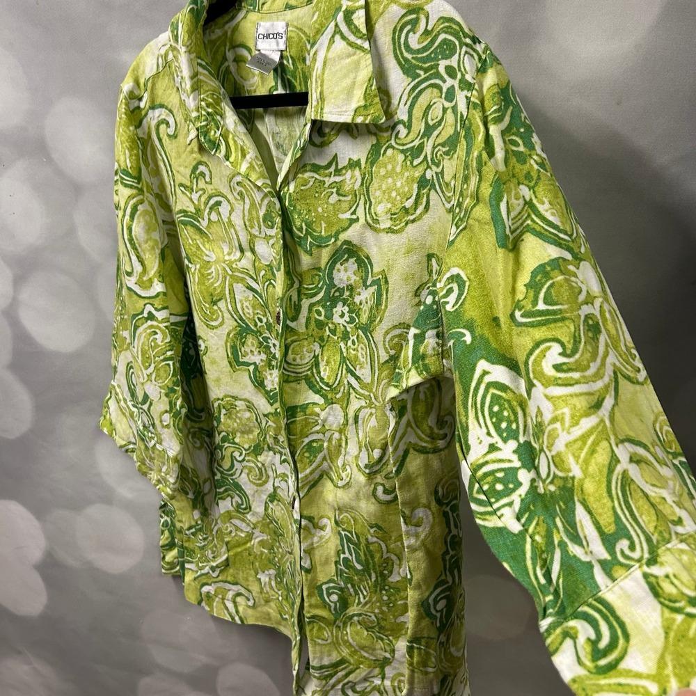 Chico's green floral blazer size 3 with wooden buttons‎ 100% linen - Picture 3 of 7